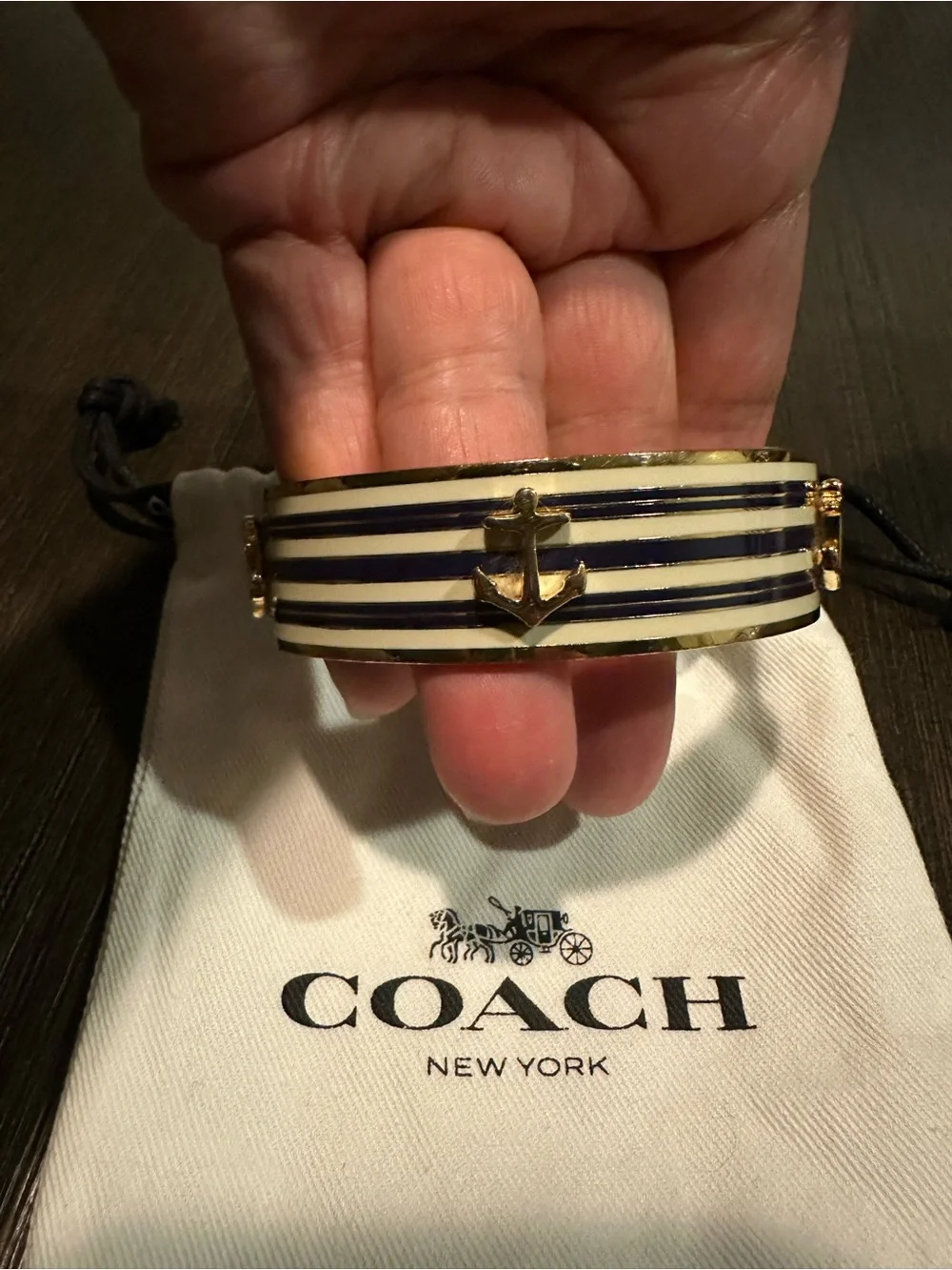 Coach Gold and Navy Anchor Stripe Bangle Bracelet